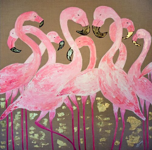 LA DANSE DES FLAMANTS ROSES von Joëlle Darmon, Malerei kaufen auf Singulart