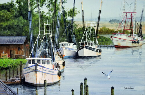 Darien Shrimp Boats van Bill Hudson, Werk op papier te koop op Singulart