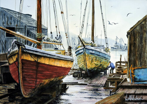 Boatyard Repairs van Bill Hudson, Schilderij te koop op Singulart