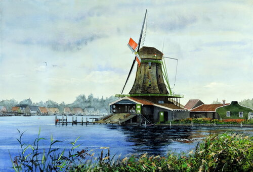 Windmill at Zaanse Schans van Bill Hudson, Werk op papier te koop op Singulart