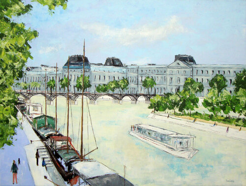 Les péniches le long du quai. di Jean-Pierre Borderie, Pittura in vendita su Singulart
