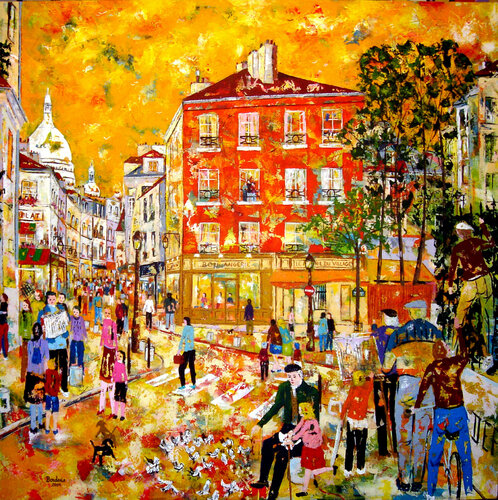 Les enfants de Montmartre et le vieille homme aux pigeons. van Jean-Pierre Borderie, Schilderij te koop op Singulart