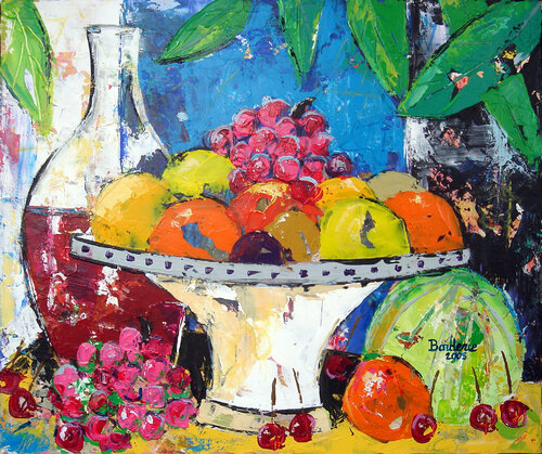 Coupe de fruits fond bleu. van Jean-Pierre Borderie, Schilderij te koop op Singulart