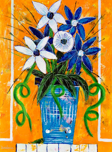 Vase bleu fond orange van Jean-Pierre Borderie, Schilderij te koop op Singulart