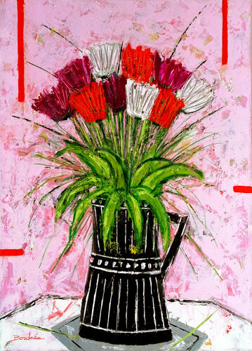 Bouquet fond rose van Jean-Pierre Borderie, Schilderij te koop op Singulart