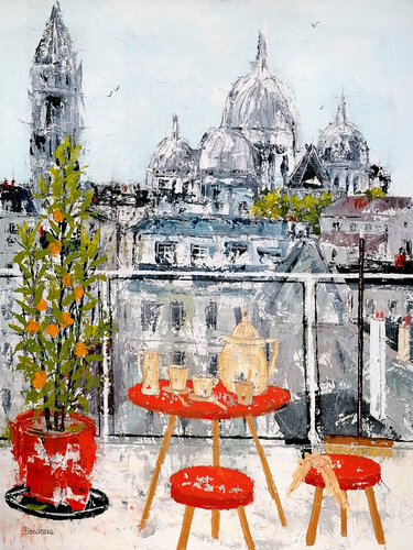 La petite terrasse à la table rouge et l'oranger. von Jean-Pierre Borderie, Malerei kaufen auf Singulart