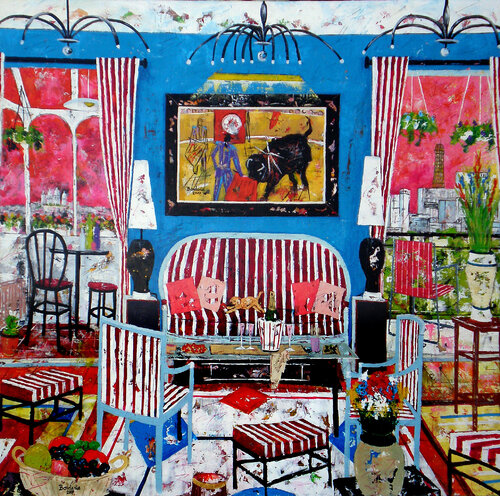 Paris le salon bleu et rouge van Jean-Pierre Borderie, Schilderij te koop op Singulart