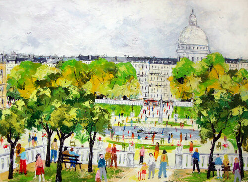 Le Jardin du Luxembourg devant le Panthéon. von Jean-Pierre Borderie, Malerei kaufen auf Singulart
