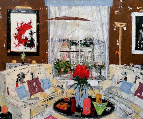 Le salon avec vue sur la Défense. de Jean-Pierre Borderie, Pintura a la venta en Singulart