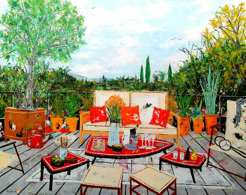 Les trois tables basses. van Jean-Pierre Borderie, Schilderij te koop op Singulart