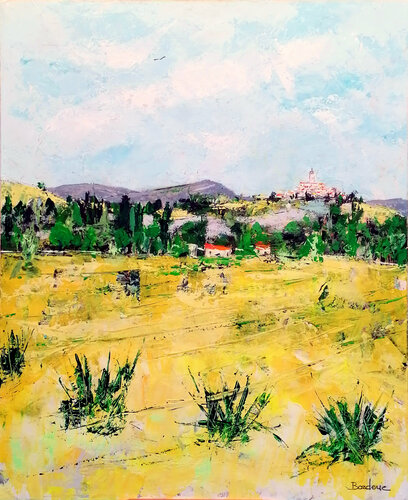 Au loin le village van Jean-Pierre Borderie, Schilderij te koop op Singulart