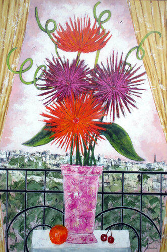 Fleurs devant la fenêtre di Jean-Pierre Borderie, Pittura in vendita su Singulart