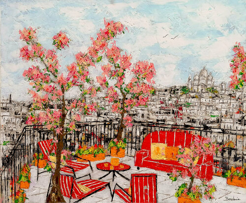 La terrasse au salon rouge, ou les cerisiers en fleurs. von Jean-Pierre Borderie, Malerei kaufen auf Singulart