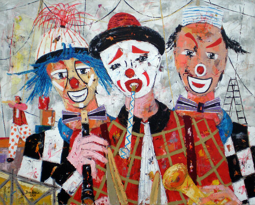 Les trois clowns musiciens van Jean-Pierre Borderie, Schilderij te koop op Singulart
