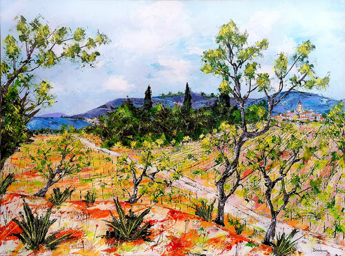 En regardant les vignes du haut de la colline. di Jean-Pierre Borderie, Pittura in vendita su Singulart