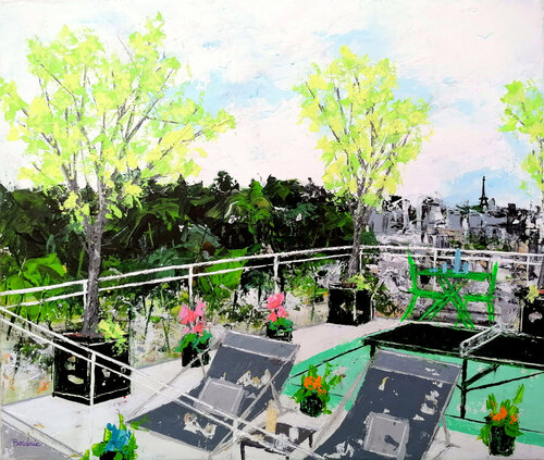 La terrasse aux arbustes. van Jean-Pierre Borderie, Schilderij te koop op Singulart