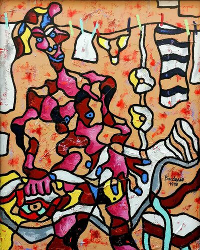 Le repassage de la chemise jaune. di Jean-Pierre Borderie, Pittura in vendita su Singulart