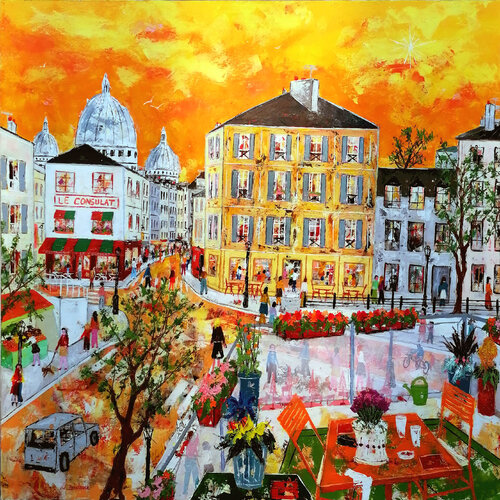 Terrasse fleurie en haut de la rue Lepic à Paris van Jean-Pierre Borderie, Schilderij te koop op Singulart