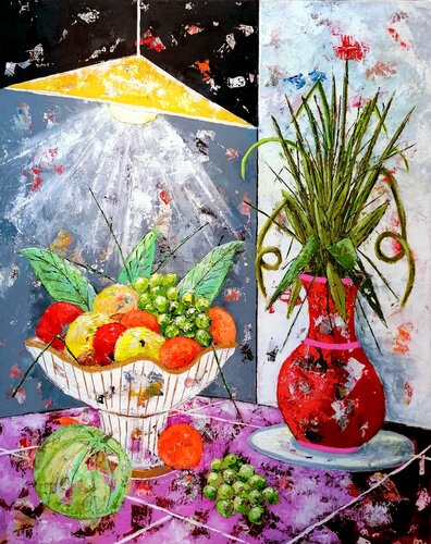 Corbeille de fruits et vase de fleurs. van Jean-Pierre Borderie, Schilderij te koop op Singulart