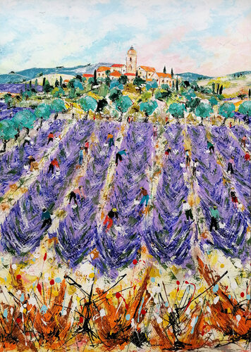 Champs de lavande. di Jean-Pierre Borderie, Pittura in vendita su Singulart
