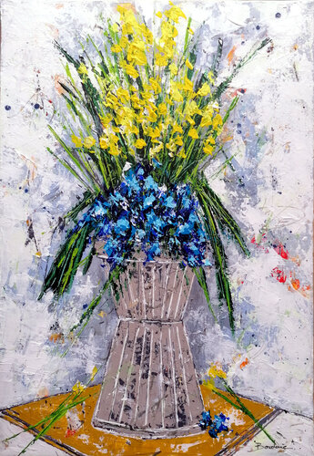 Mimosa d'hiver et fleurs bleues di Jean-Pierre Borderie, Pittura in vendita su Singulart