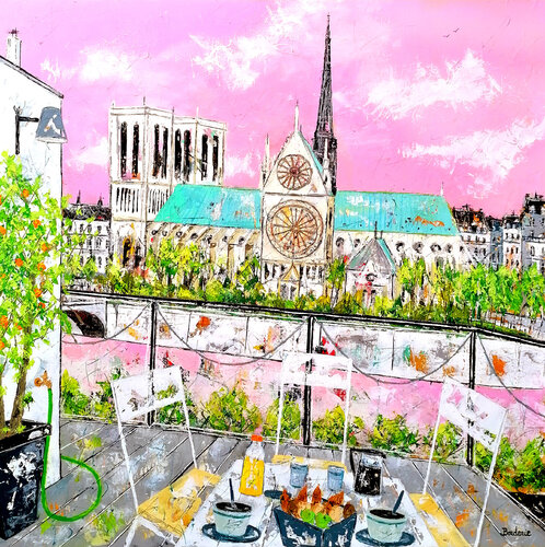 Petit déjeuner devant "Notre-Dame de Paris" au printemps di Jean-Pierre Borderie, Pittura in vendita su Singulart