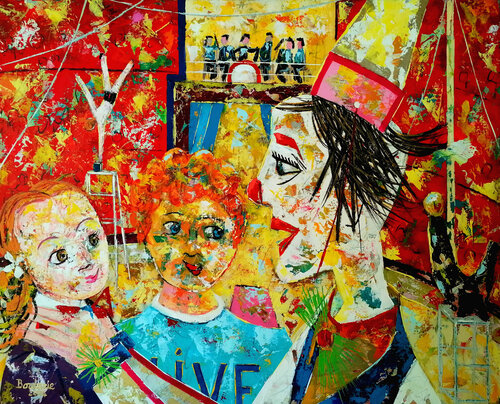 Le clown et les enfants di Jean-Pierre Borderie, Pittura in vendita su Singulart