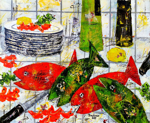 Les quatres poissons von Jean-Pierre Borderie, Malerei kaufen auf Singulart