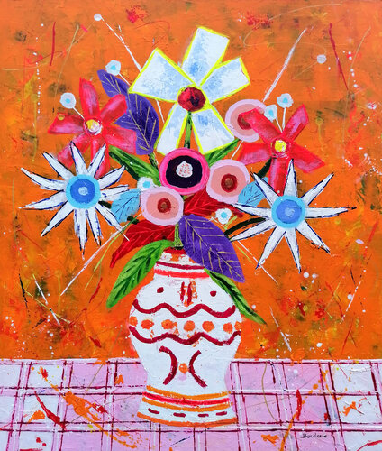 Le vase rouge et blanc sur une nappe rose di Jean-Pierre Borderie, Pittura in vendita su Singulart