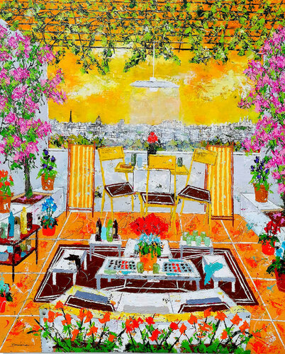 La terrasse sur Paris au ciel jaune de Jean-Pierre Borderie, Pintura a la venta en Singulart