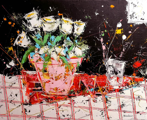 Fleurs blanches dans un pot by Jean-Pierre Borderie, Painting for Sale on Singulart