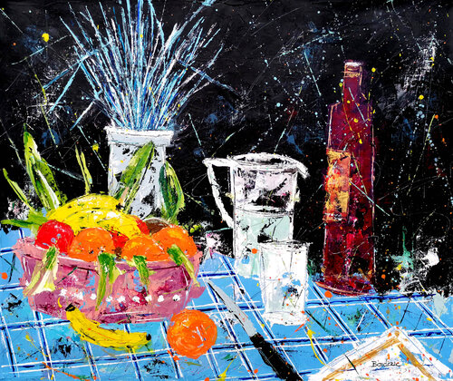 Fin de repas avec des fruits di Jean-Pierre Borderie, Pittura in vendita su Singulart