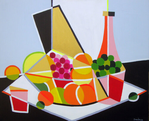 Corbeille de fruits et bouteille. van Jean-Pierre Borderie, Schilderij te koop op Singulart