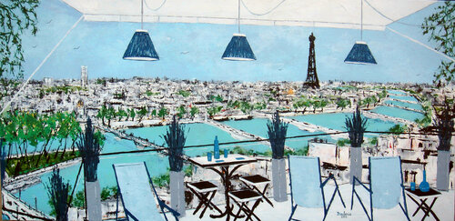 La grande terrasse avec vue sur Paris. von Jean-Pierre Borderie, Malerei kaufen auf Singulart