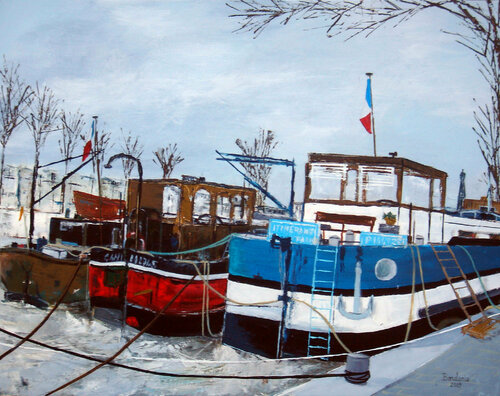Les trois péniches di Jean-Pierre Borderie, Pittura in vendita su Singulart