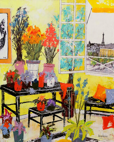 Bouquet fond jaune van Jean-Pierre Borderie, Schilderij te koop op Singulart