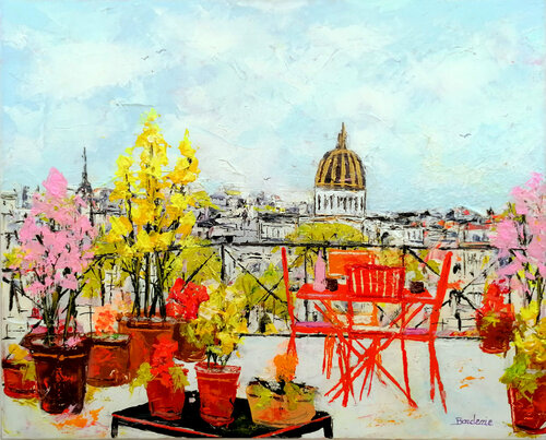 Terrasse fleurie sur Paris von Jean-Pierre Borderie, Malerei kaufen auf Singulart