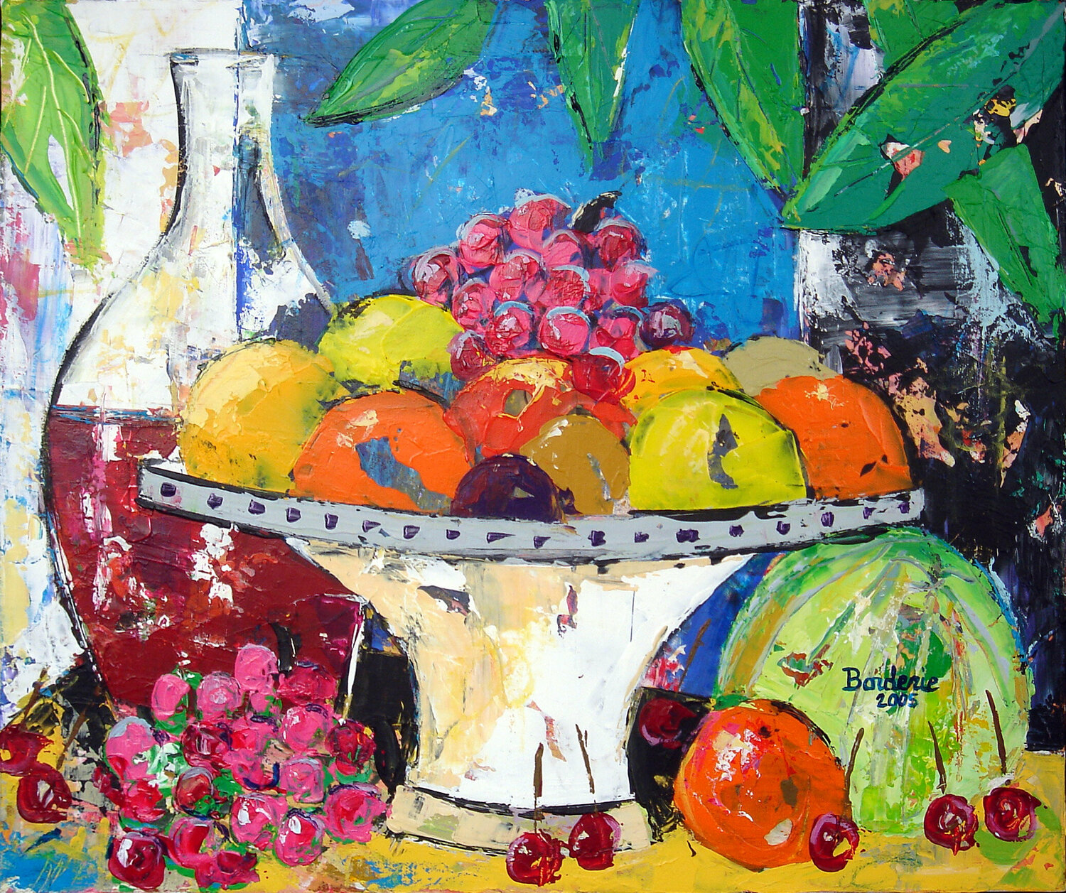 Coupe de fruits fond bleu. Jean-Pierre Borderie Originalgemälde zu verkaufen
