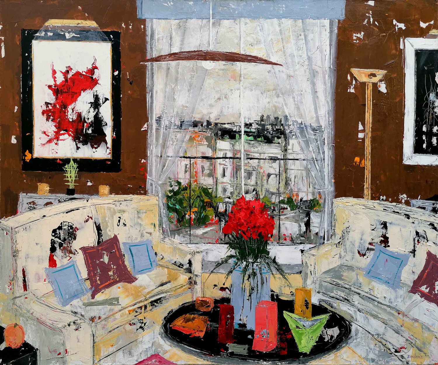 Le salon avec vue sur la Défense. Jean-Pierre Borderie Originalgemälde zu verkaufen