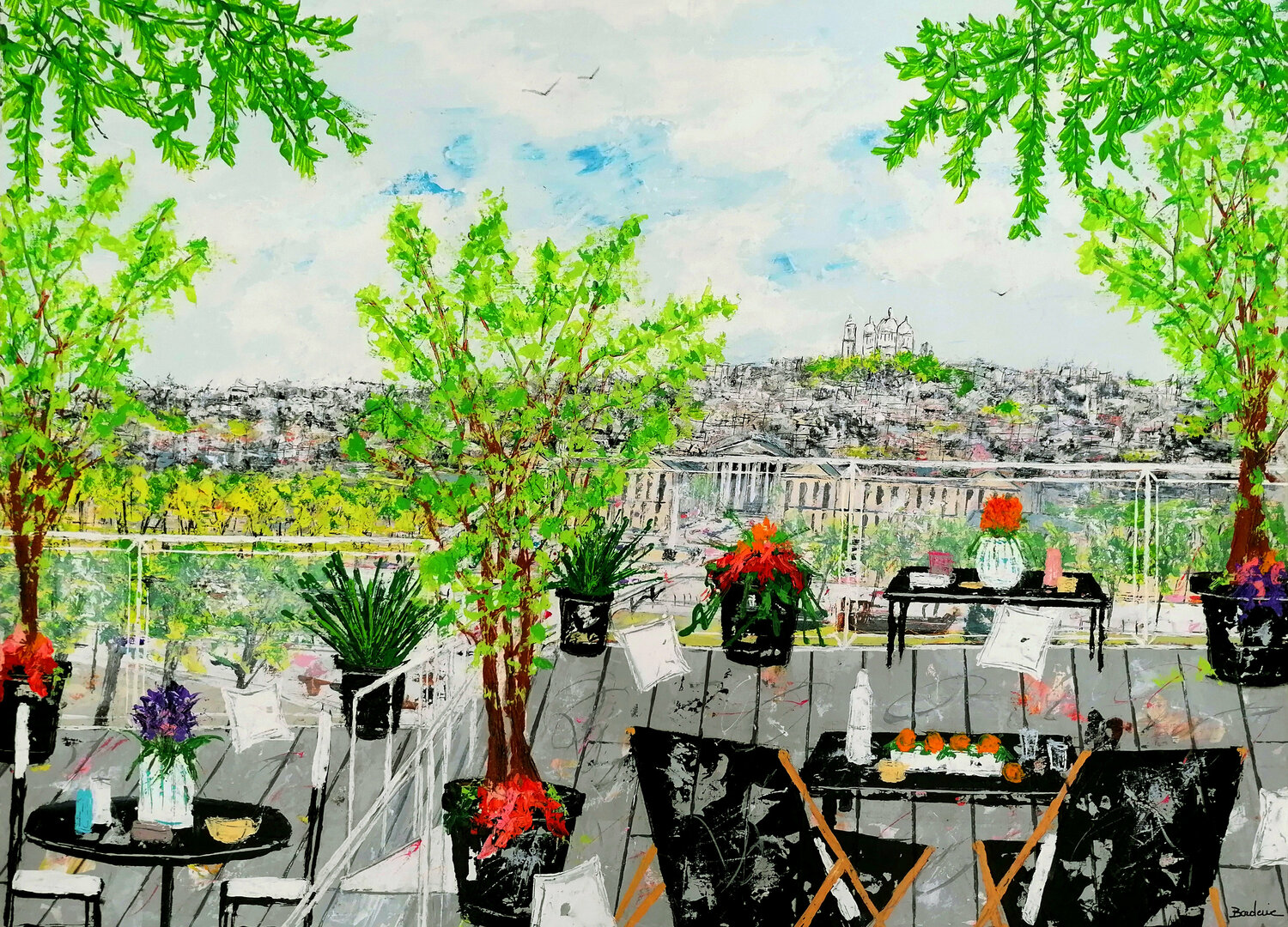 Les coussins blancs de ma terrasse parisienne Jean-Pierre Borderie Originalgemälde zu verkaufen