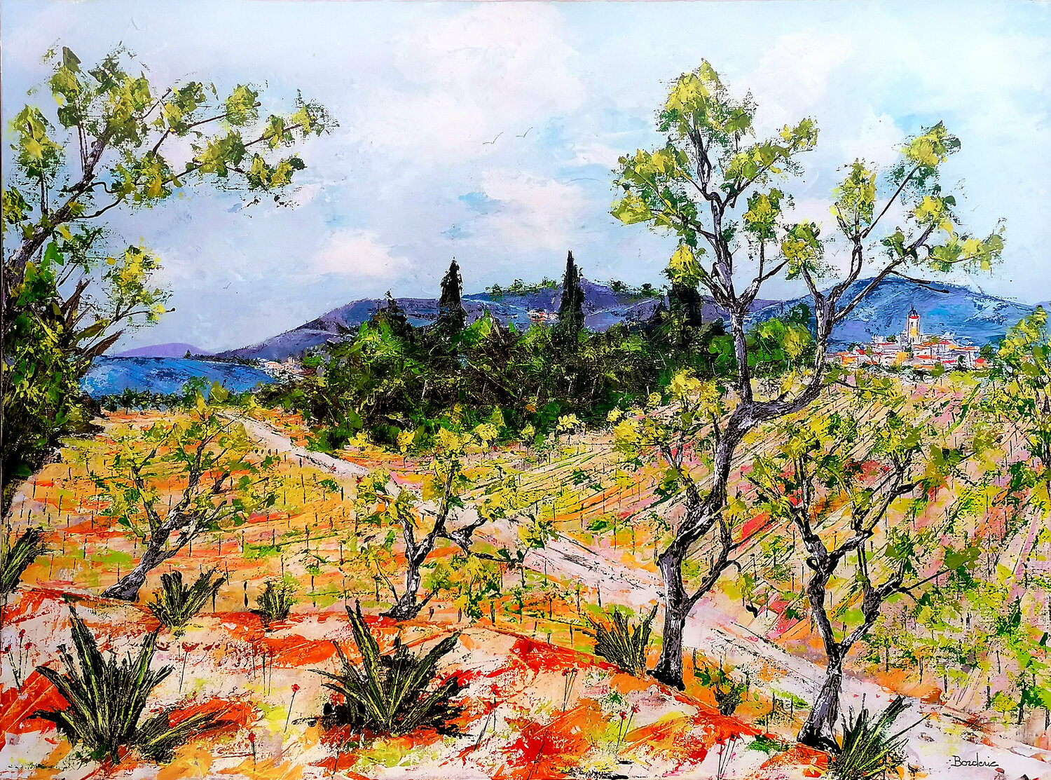 En regardant les vignes du haut de la colline. Jean-Pierre Borderie Originalgemälde zu verkaufen