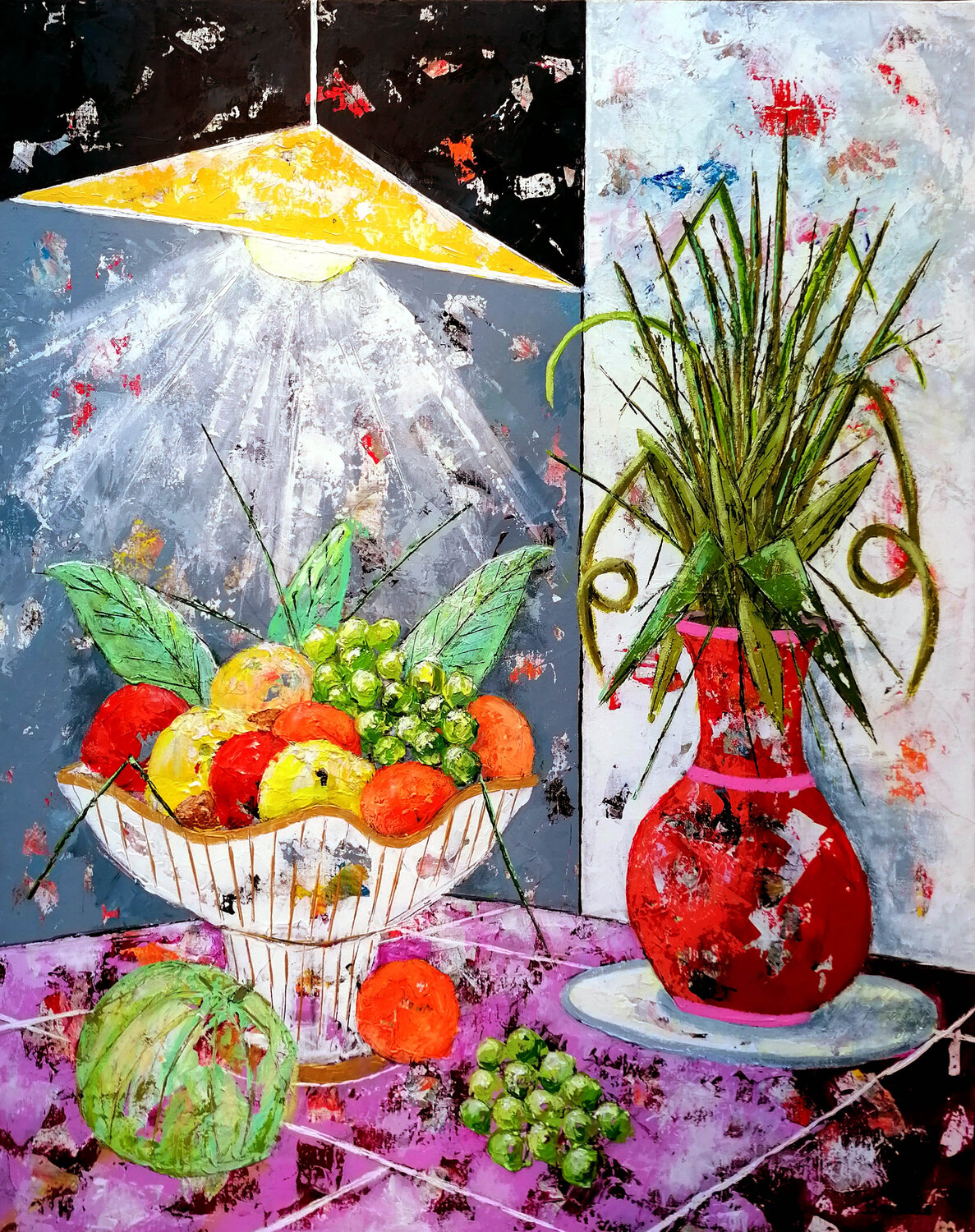 Corbeille de fruits et vase de fleurs. Jean-Pierre Borderie Originalgemälde zu verkaufen