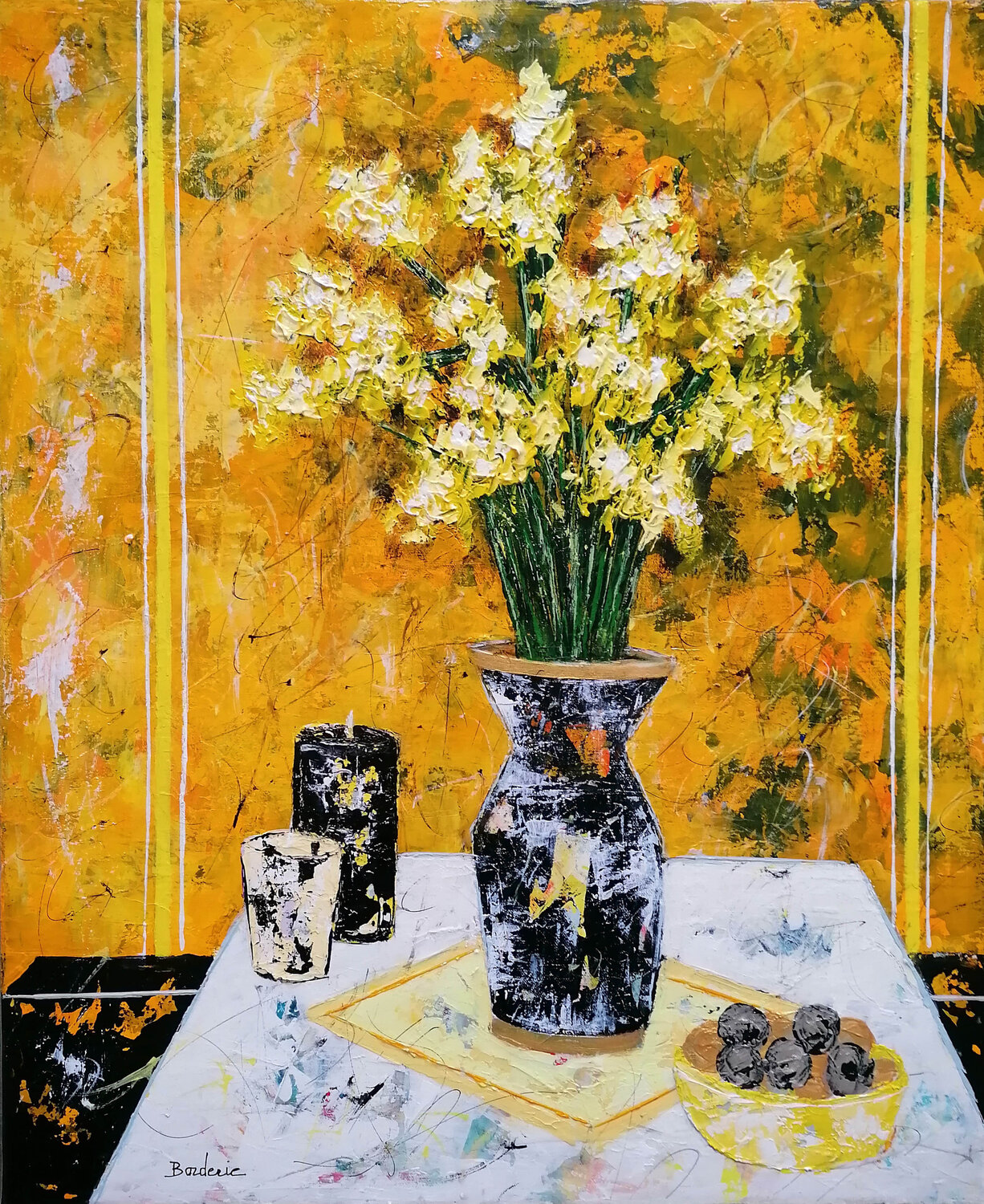Bouquet de fleurs et les deux bancs. Jean-Pierre Borderie Originalgemälde zu verkaufen