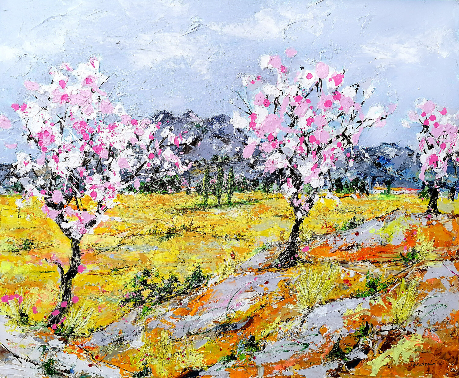 Sur le chemin les trois arbres Jean-Pierre Borderie Originalgemälde zu verkaufen