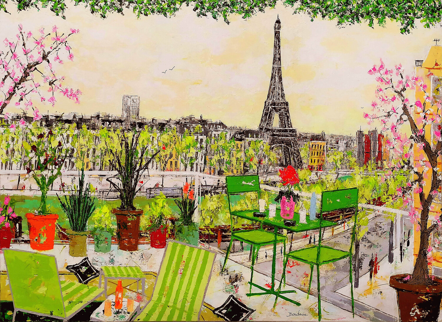 La terrasse verte ouverte sur la Tour Eiffel Jean-Pierre Borderie Originalgemälde zu verkaufen