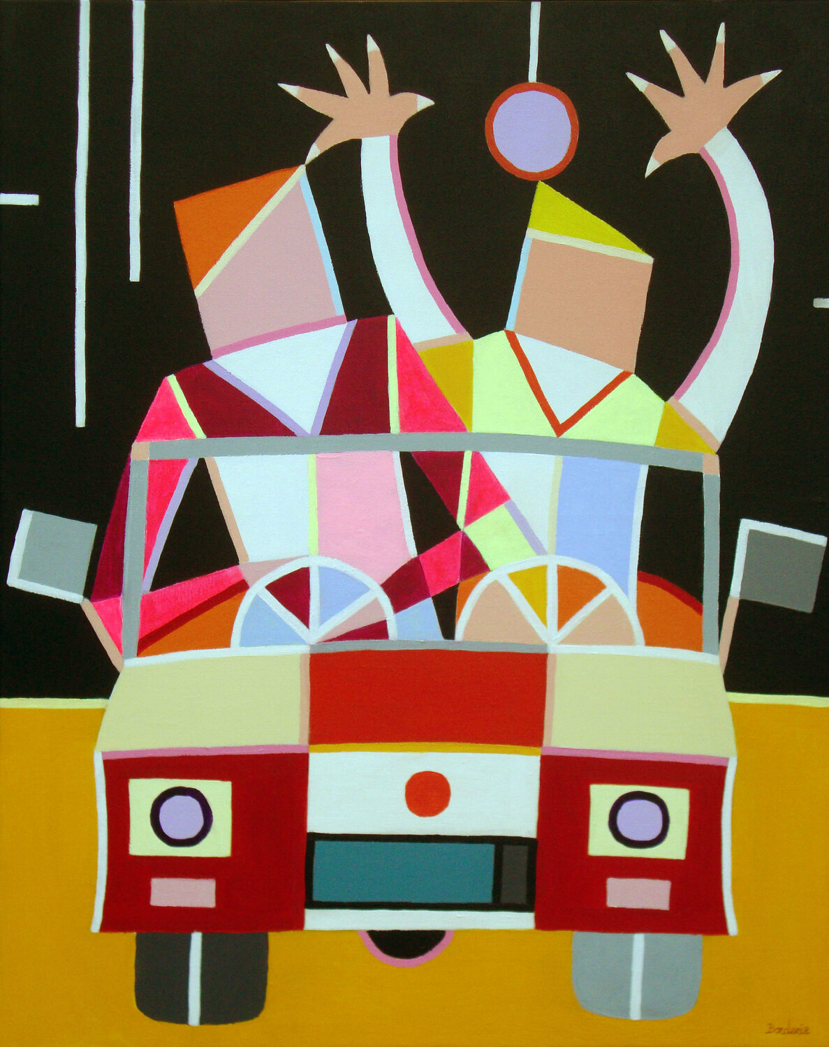 Les deux garçons dans la voiture. Jean-Pierre Borderie Dipinto originale in vendita