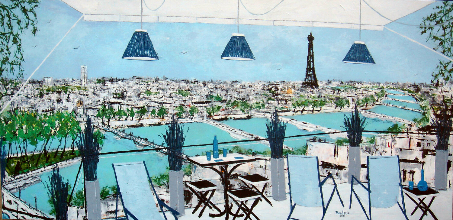 La grande terrasse avec vue sur Paris. Jean-Pierre Borderie Originalgemälde zu verkaufen