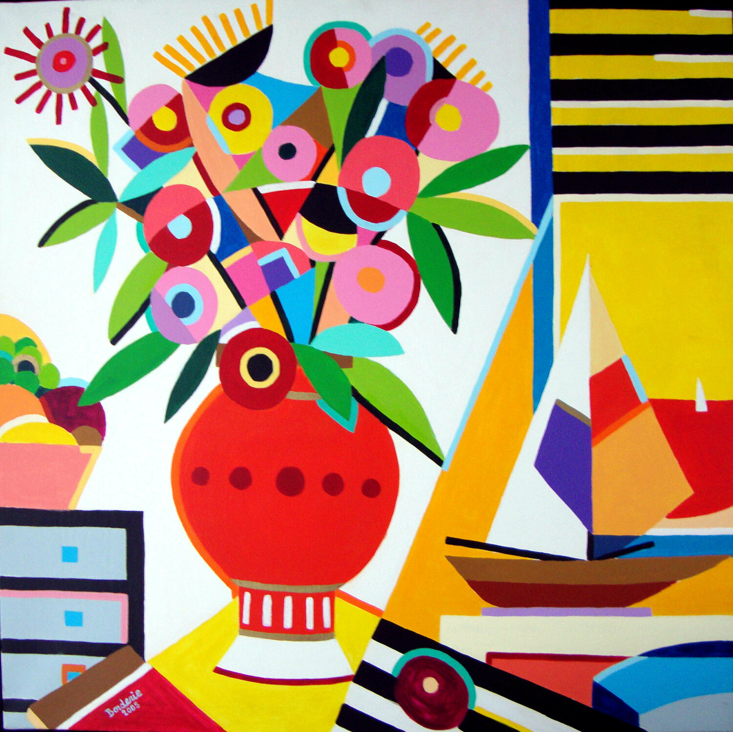 Le grand bouquet et le bateau. Jean-Pierre Borderie Originalgemälde zu verkaufen