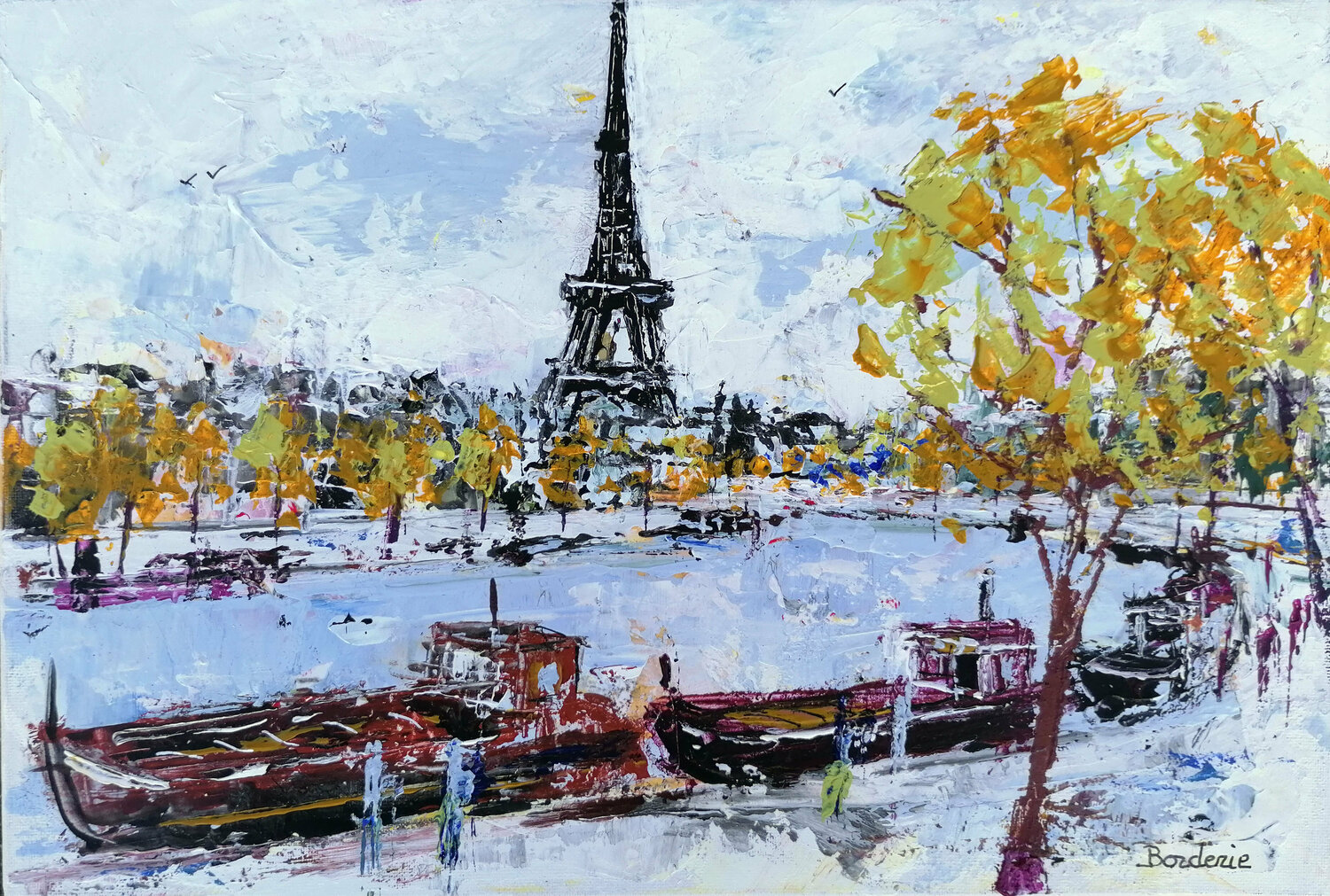 Péniches à la Tour Eiffel Jean-Pierre Borderie Originalgemälde zu verkaufen
