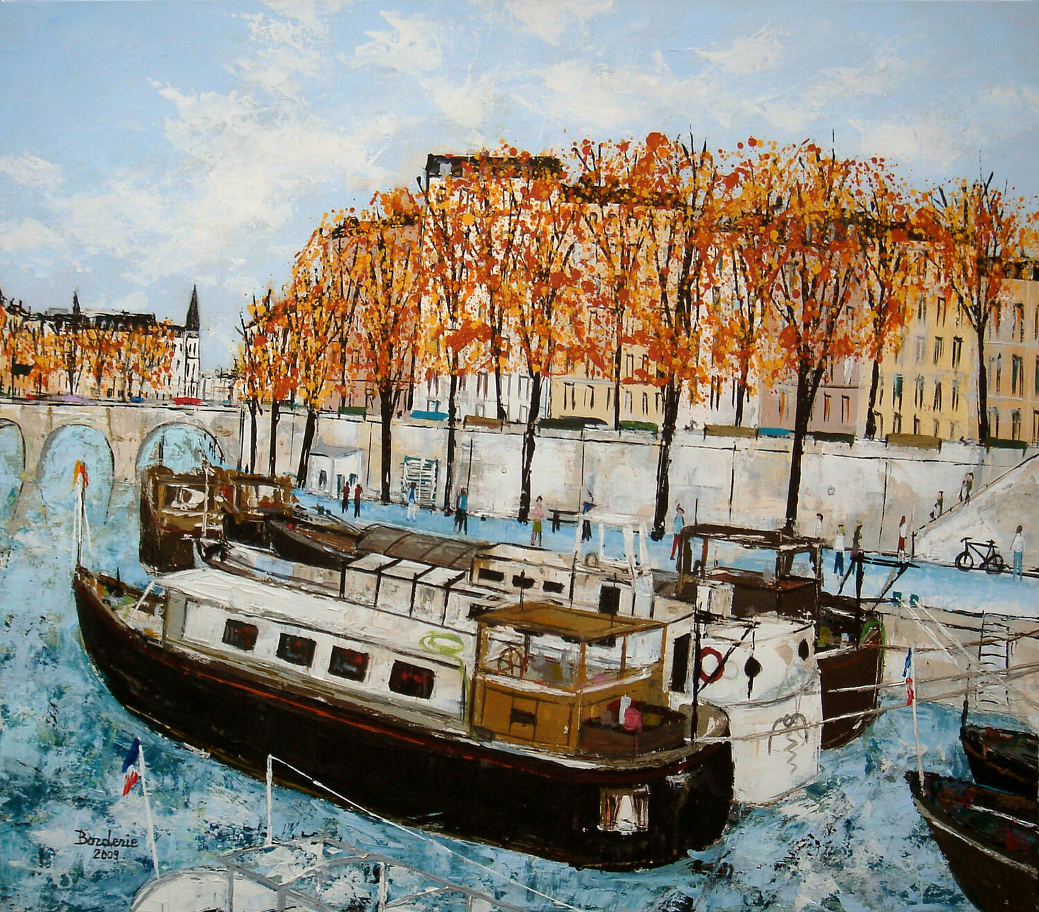 Les péniches du quai de Conti. Jean-Pierre Borderie Originalgemälde zu verkaufen